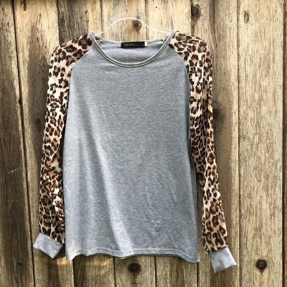 Zanzea Collection Sheer Leopard Print Long Sleeve Gray Body Raglan Shirt Medium